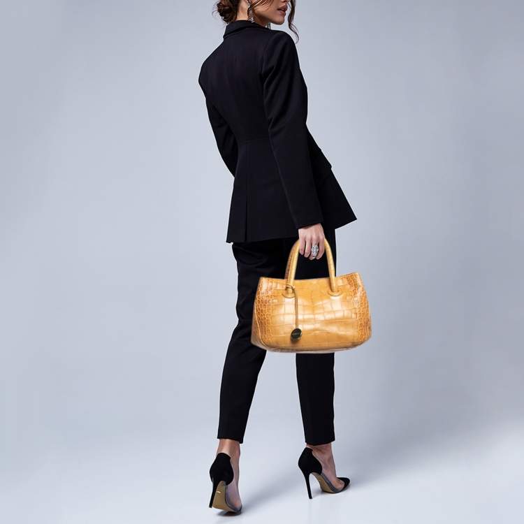 Pre Owned Furla Mustard Yellow Croc Embossed Leather Practica Tote