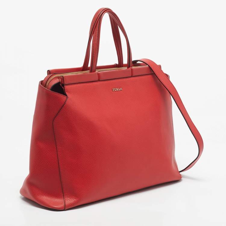 Pre Owned Furla Red Saffiano Leather Frame Satchel