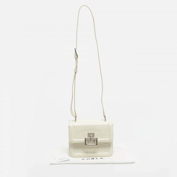 Pre Owned Furla Off White Croc Embossed Leather Villa Shoulder Bag