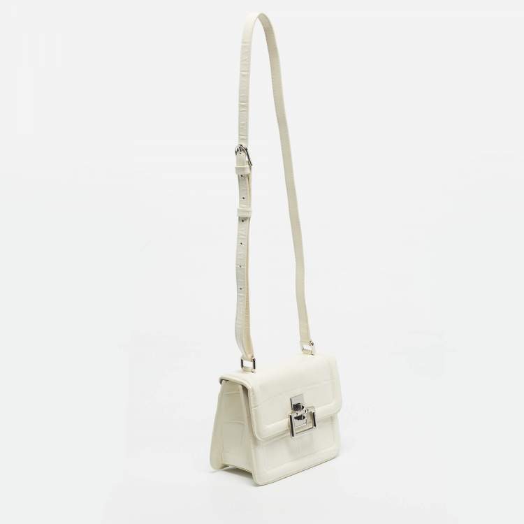Pre Owned Furla Off White Croc Embossed Leather Villa Shoulder Bag