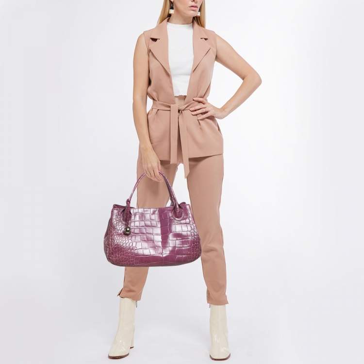 Pre Owned Furla Purple Croc Embossed Leather Giselle Tote