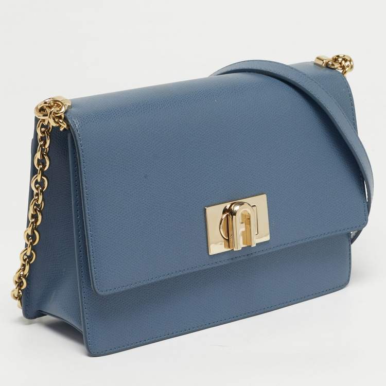 Pre Owned Furla Light Blue Leather 1927 Flap Shoulder Bag