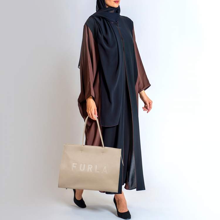 Pre Owned Furla Beige Leather Logo Embossed Shopper Tote