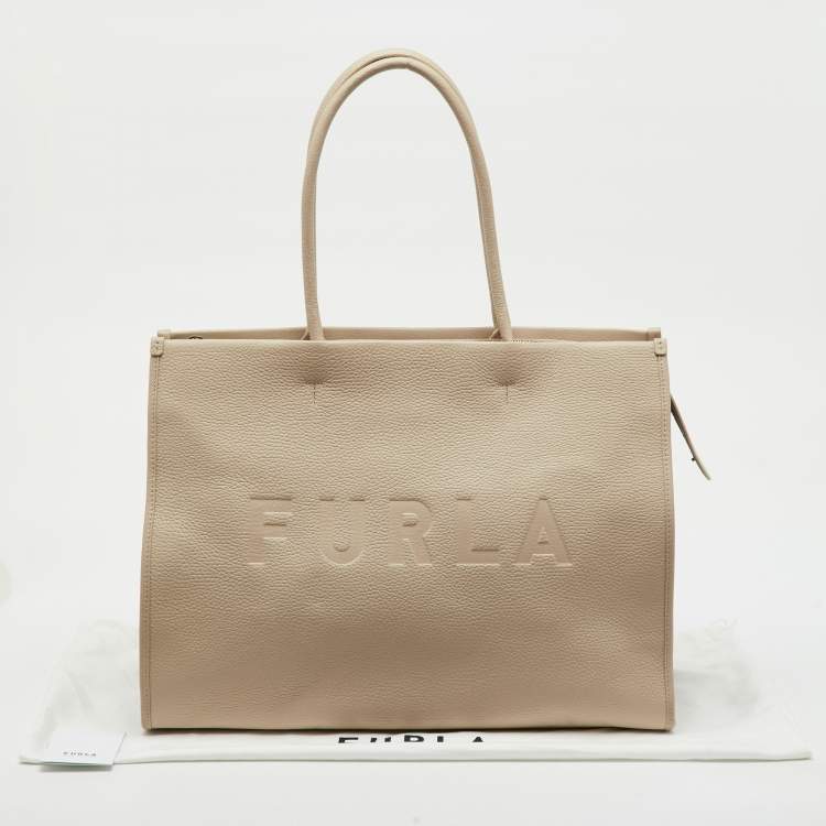 Pre Owned Furla Beige Leather Logo Embossed Shopper Tote
