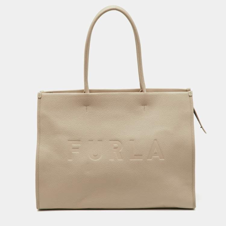 Pre Owned Furla Beige Leather Logo Embossed Shopper Tote