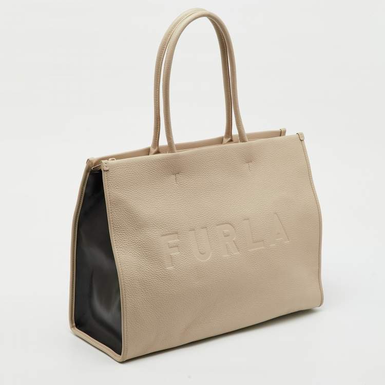 Pre Owned Furla Beige Leather Logo Embossed Shopper Tote