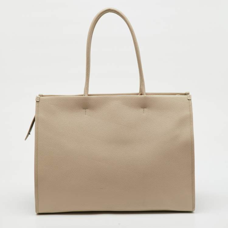 Pre Owned Furla Beige Leather Logo Embossed Shopper Tote