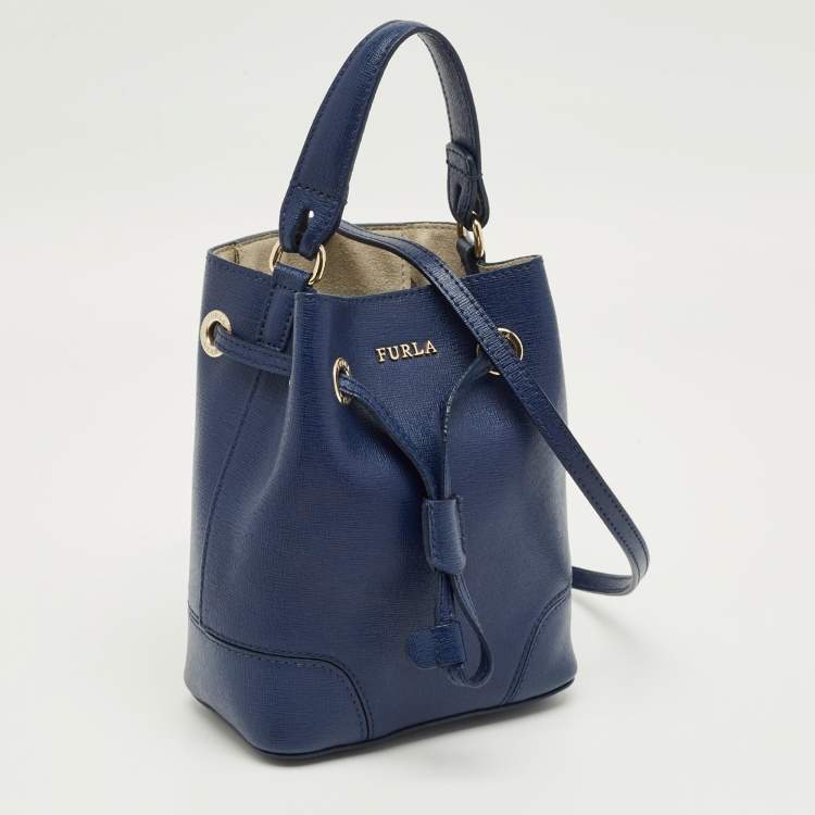 Pre Owned Furla Navy Blue Leather Mini Stacy Drawstring Bucket Bag