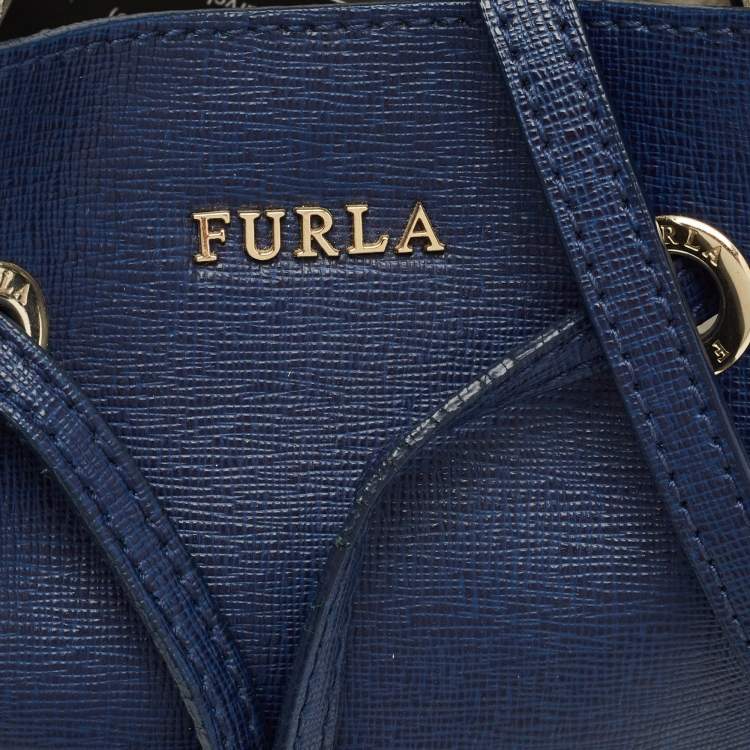Pre Owned Furla Navy Blue Leather Mini Stacy Drawstring Bucket Bag