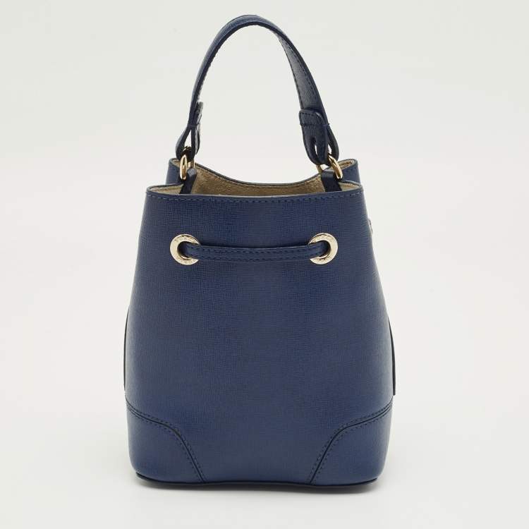 Pre Owned Furla Navy Blue Leather Mini Stacy Drawstring Bucket Bag