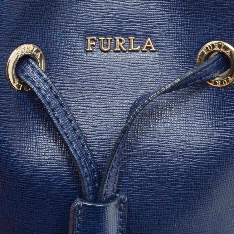 Pre Owned Furla Navy Blue Leather Mini Stacy Drawstring Bucket Bag