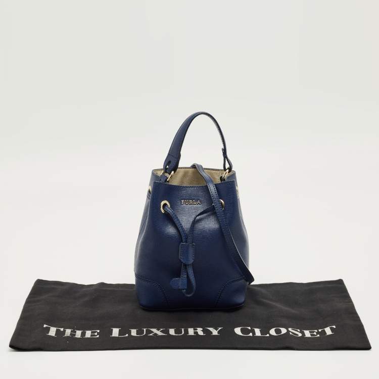 Pre Owned Furla Navy Blue Leather Mini Stacy Drawstring Bucket Bag