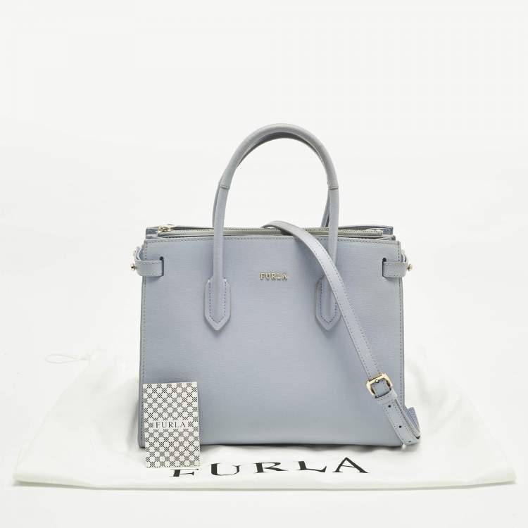Pre Owned Furla Light Blue Leather Small Pin Tote