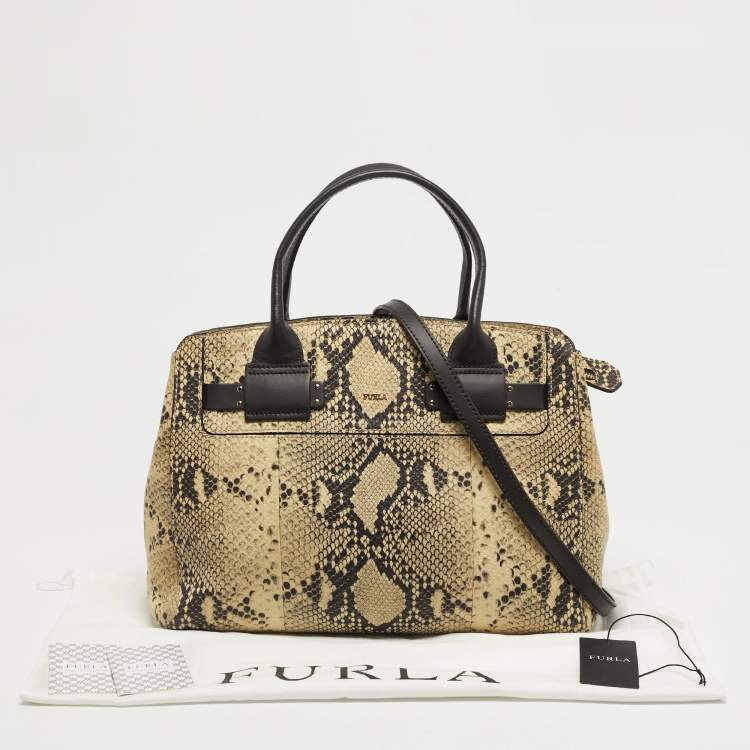 Pre Owned Furla Cream/Black Python Embossed Leather Lucky Tote