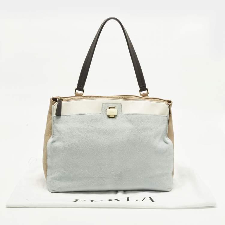 Pre Owned Furla Piper Cartella Tricolor Calfhair and Leather Top Handle Bag