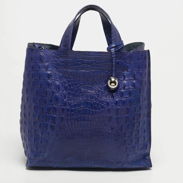 Pre Owned Furla Divide It Purple Croc Embossed Leather Tote