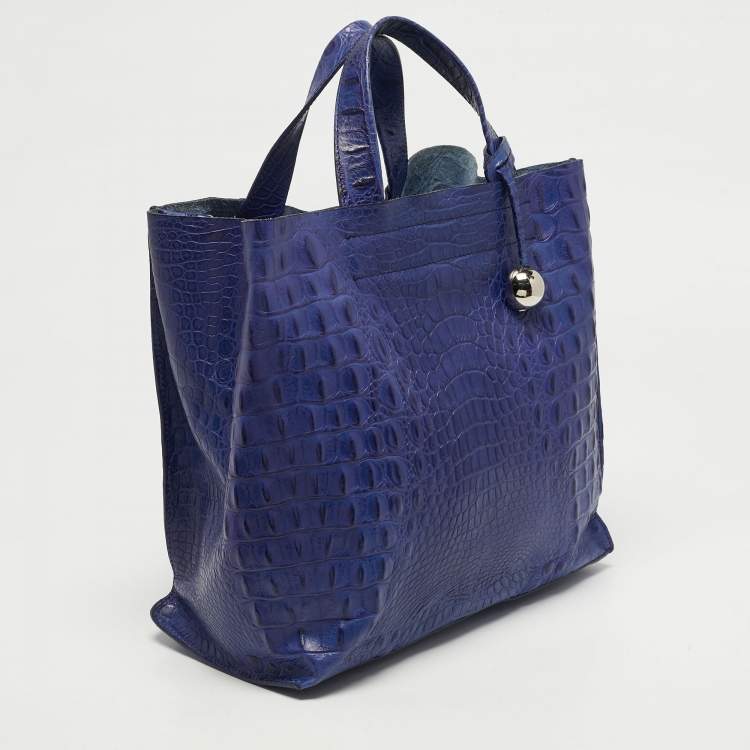 Pre Owned Furla Divide It Purple Croc Embossed Leather Tote