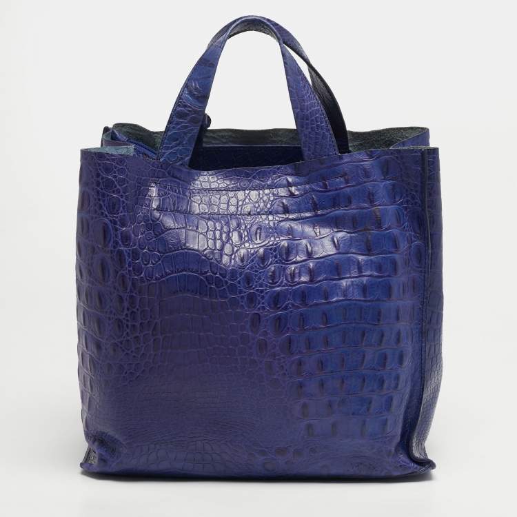 Pre Owned Furla Divide It Purple Croc Embossed Leather Tote