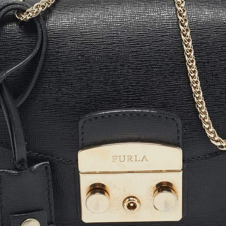 Pre Owned Furla Metropolis Mini Black Leather Crossbody Bag