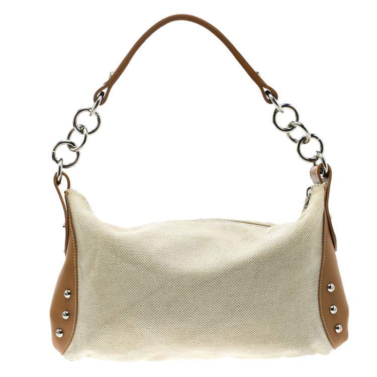 Pre Owned Furla Beige and Tan Canvas and Leather Shoulder Bag