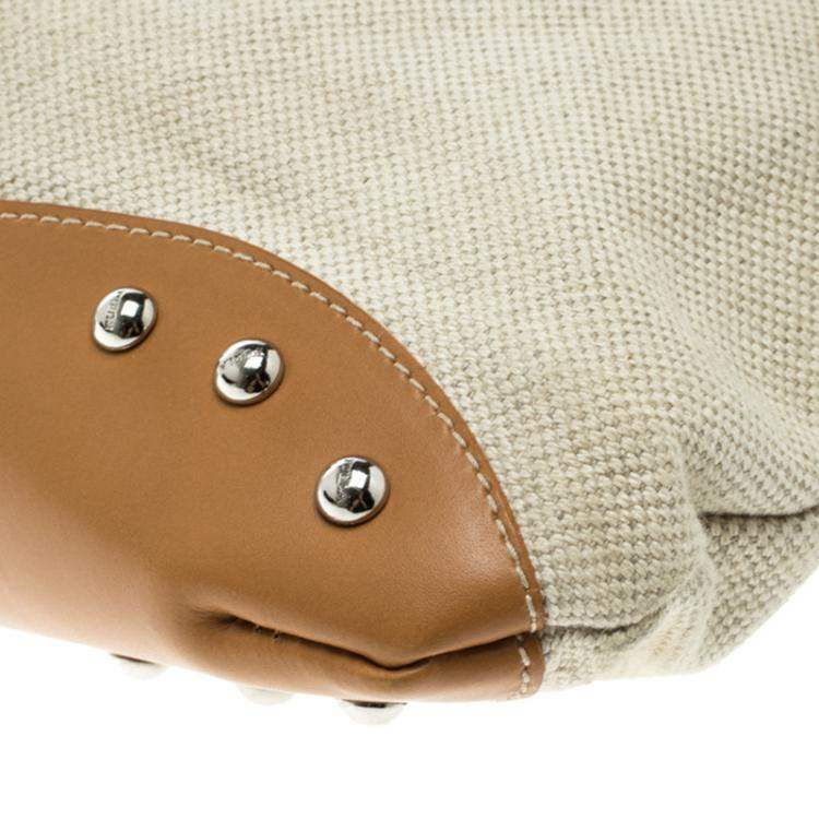 Pre Owned Furla Beige and Tan Canvas and Leather Shoulder Bag