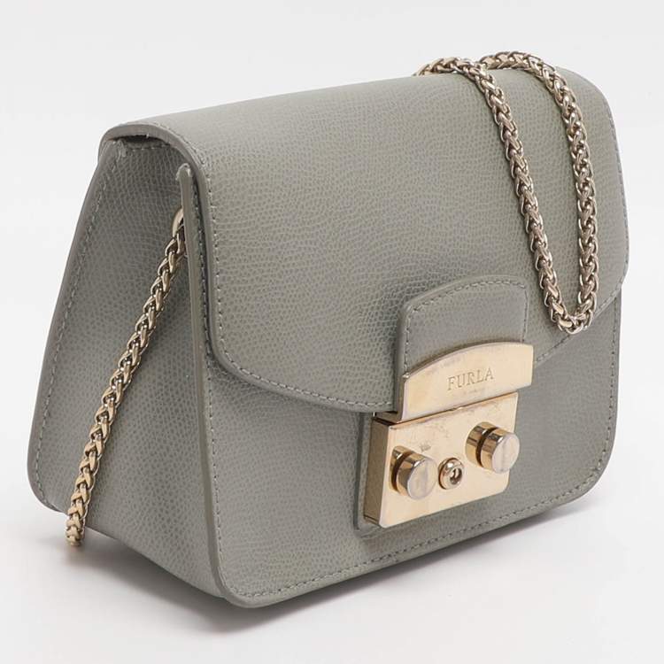 Pre Owned Furla Metropolis Mini Grey Leather Crossbody Bag