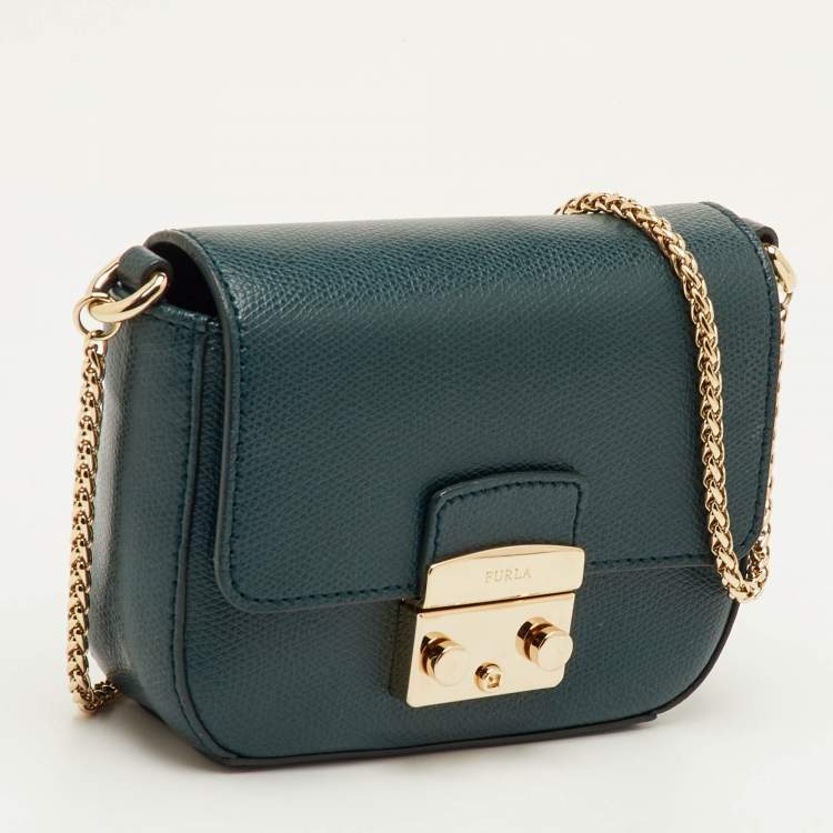 Pre Owned Furla Metropolis Teal Green Leather Mini Chain Crossbody Bag
