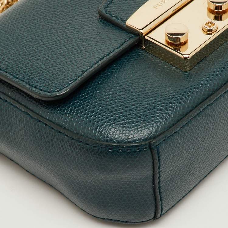 Pre Owned Furla Metropolis Teal Green Leather Mini Chain Crossbody Bag