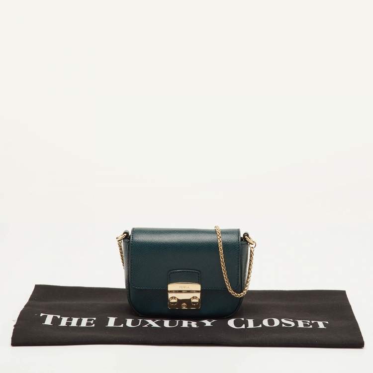 Pre Owned Furla Metropolis Teal Green Leather Mini Chain Crossbody Bag