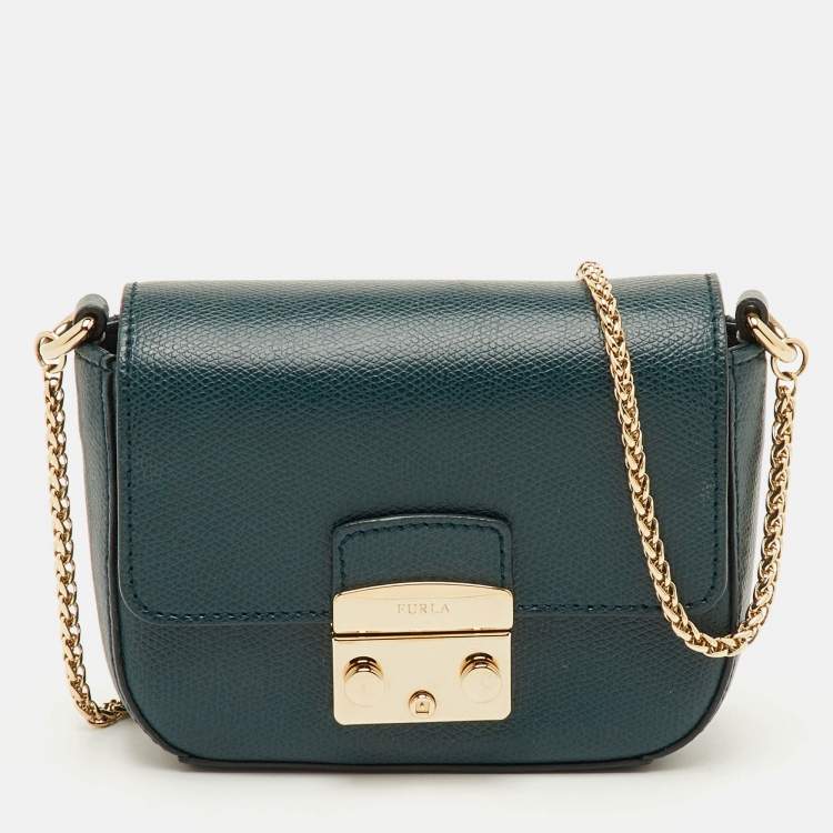Pre Owned Furla Metropolis Teal Green Leather Mini Chain Crossbody Bag