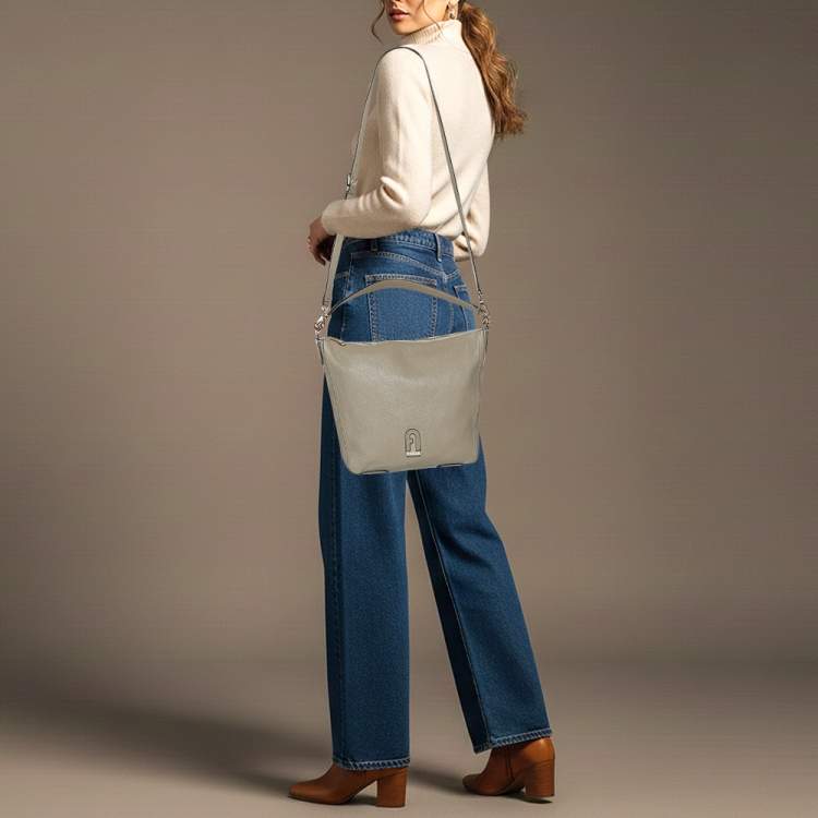 Pre Owned Furla Atena Grey Leather Hobo