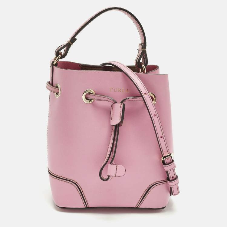 Pre Owned Furla Stacy Drawstring Mini Pink Leather Bucket Bag
