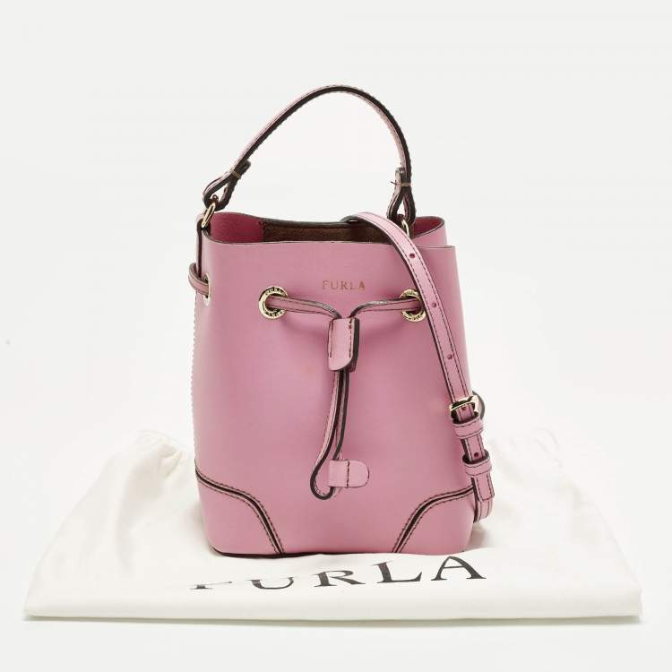 Pre Owned Furla Stacy Drawstring Mini Pink Leather Bucket Bag