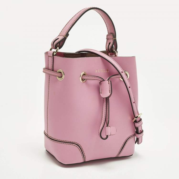 Pre Owned Furla Stacy Drawstring Mini Pink Leather Bucket Bag