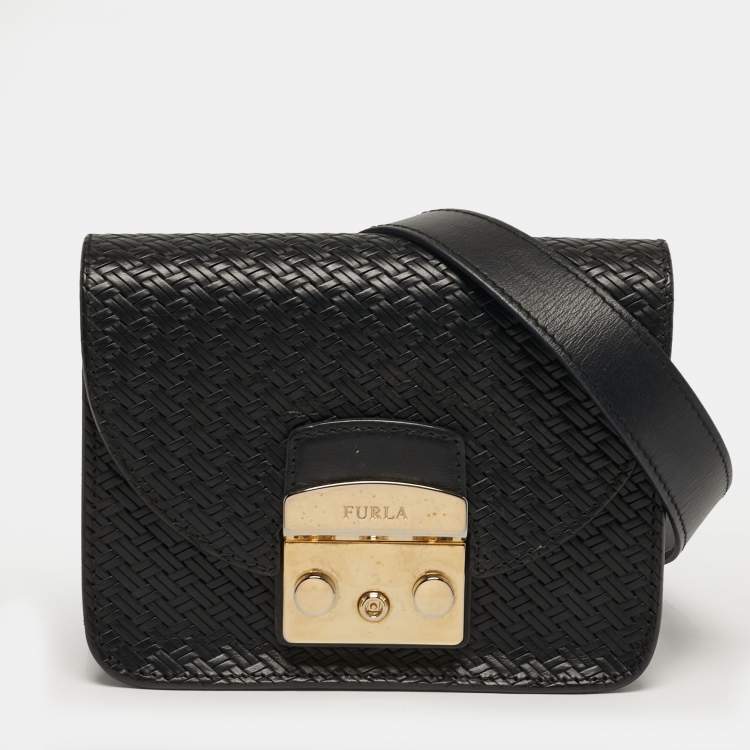 Pre Owned Furla Metropolis Mini Black Woven Embossed Leather Crossbody Bag