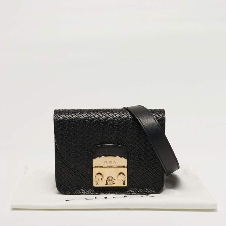 Pre Owned Furla Metropolis Mini Black Woven Embossed Leather Crossbody Bag