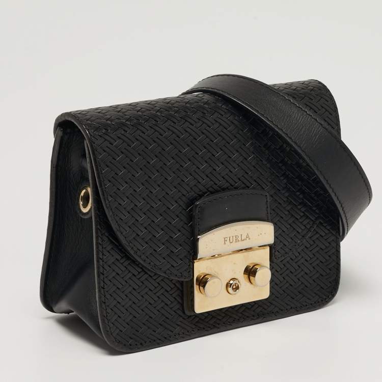 Pre Owned Furla Metropolis Mini Black Woven Embossed Leather Crossbody Bag