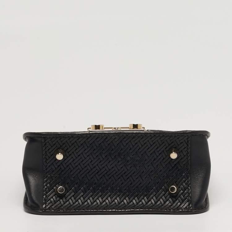 Pre Owned Furla Metropolis Mini Black Woven Embossed Leather Crossbody Bag