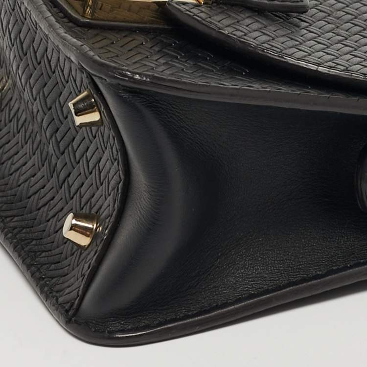 Pre Owned Furla Metropolis Mini Black Woven Embossed Leather Crossbody Bag