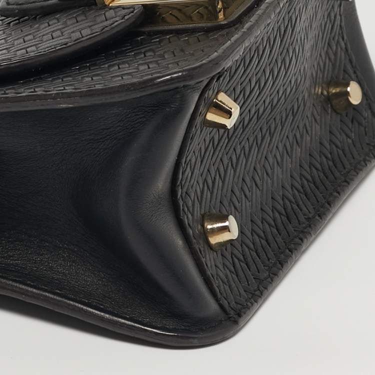 Pre Owned Furla Metropolis Mini Black Woven Embossed Leather Crossbody Bag