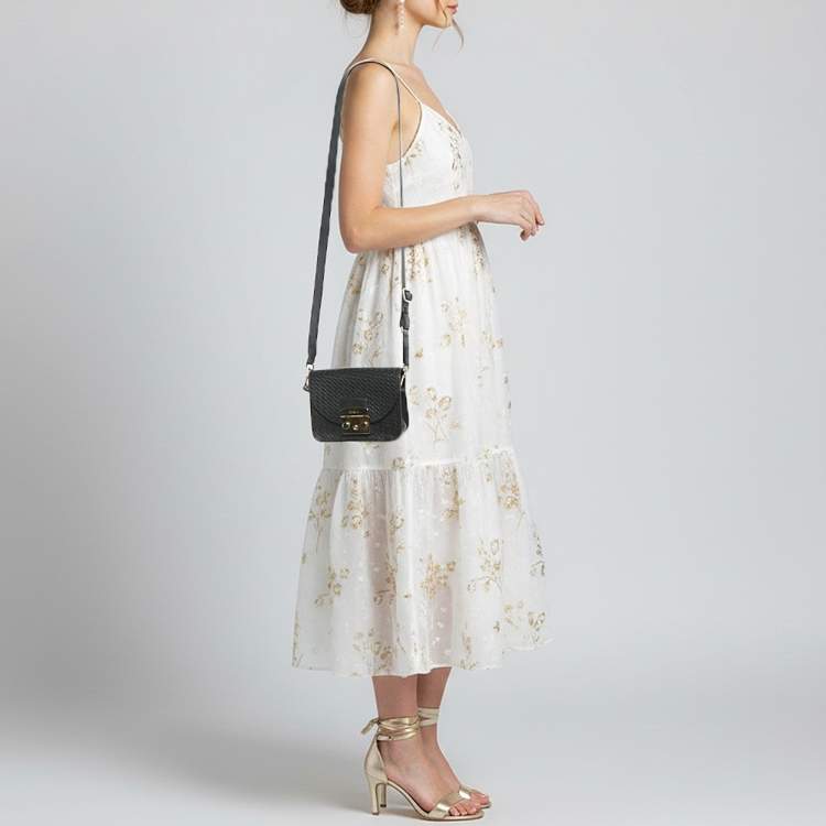 Pre Owned Furla Metropolis Mini Black Woven Embossed Leather Crossbody Bag