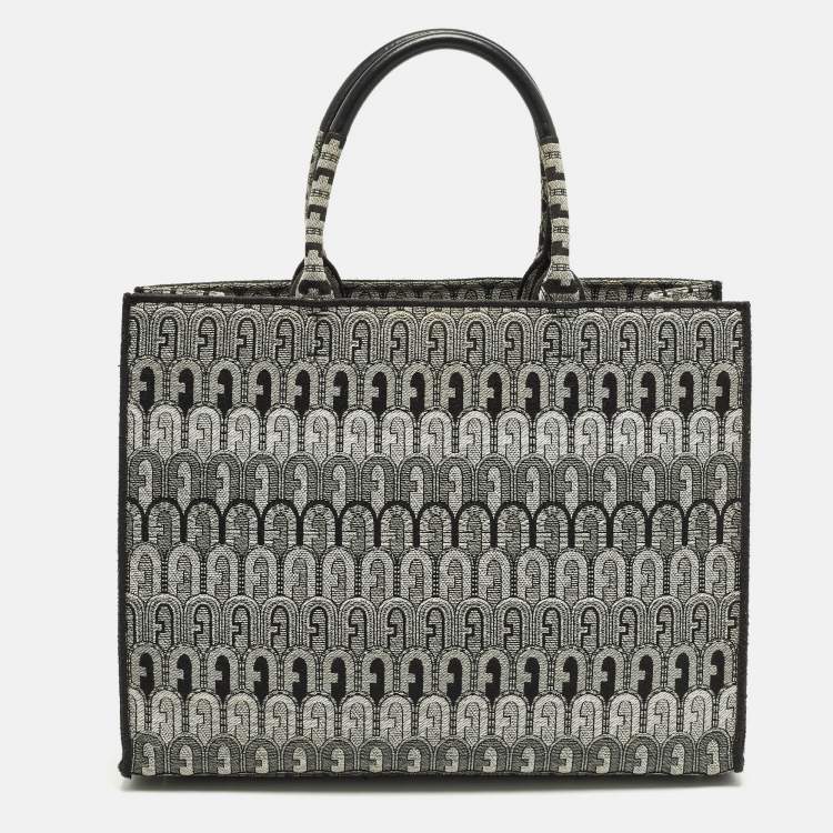 Pre Owned Furla Opportunity Large Black/Grey Printed Jacquard Fabric Opportunity Tote