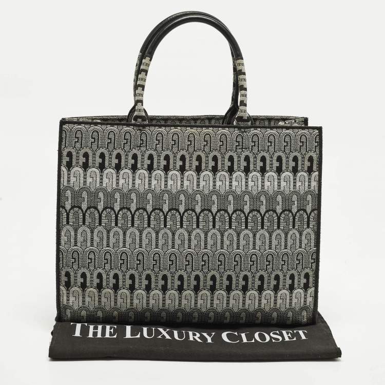 Pre Owned Furla Opportunity Large Black/Grey Printed Jacquard Fabric Opportunity Tote