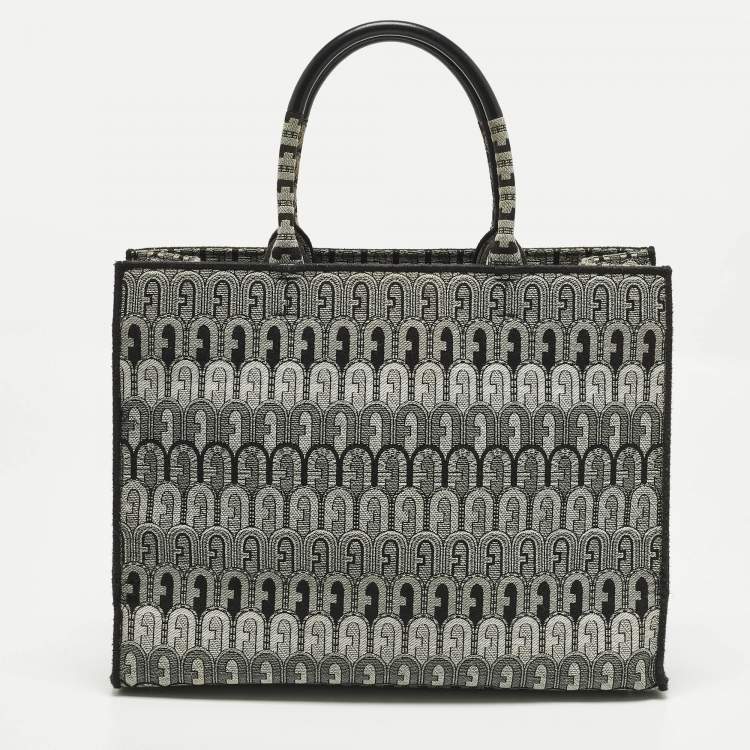 Pre Owned Furla Opportunity Large Black/Grey Printed Jacquard Fabric Opportunity Tote