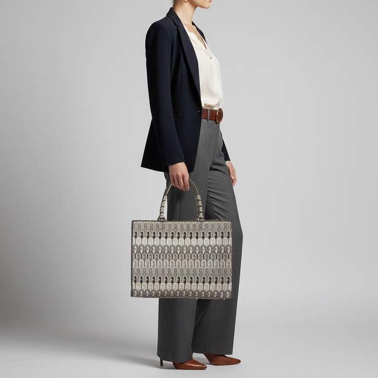 Pre Owned Furla Opportunity Large Black/Grey Printed Jacquard Fabric Opportunity Tote