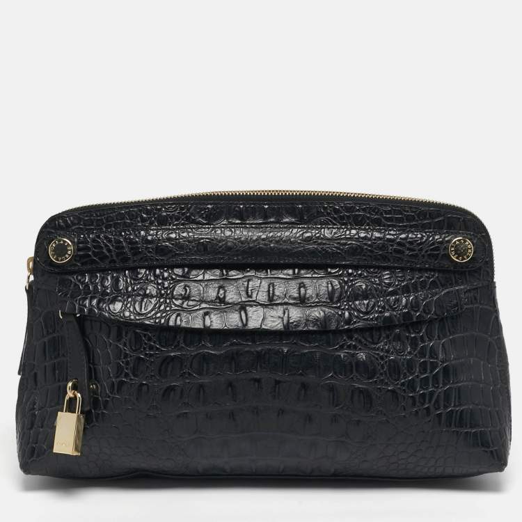 Pre Owned Furla Black Croc Embossed Leather Zip Clutch