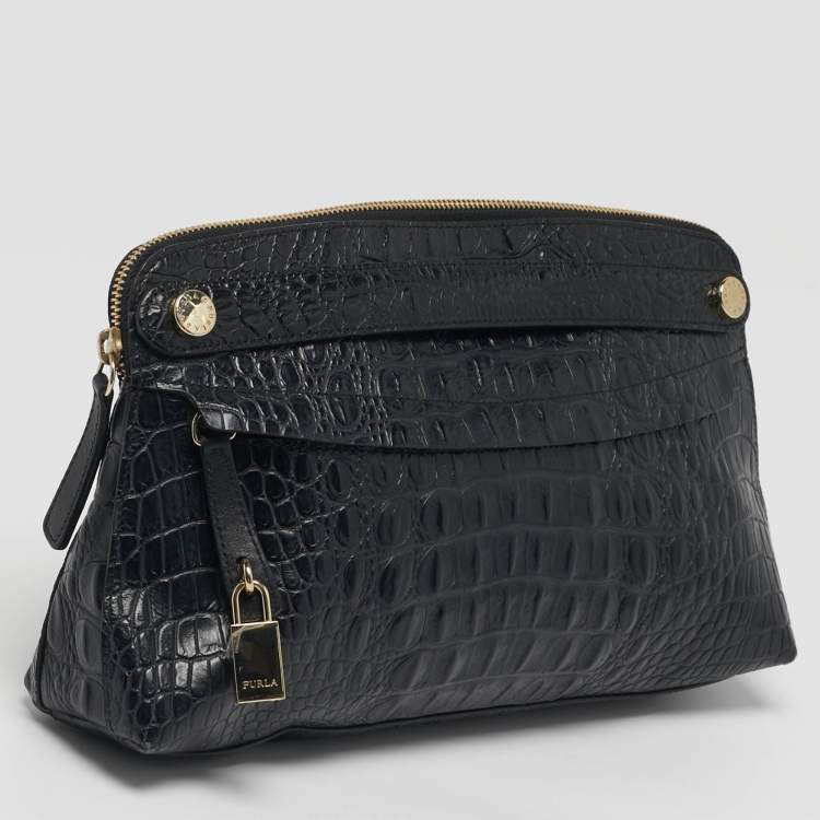 Pre Owned Furla Black Croc Embossed Leather Zip Clutch