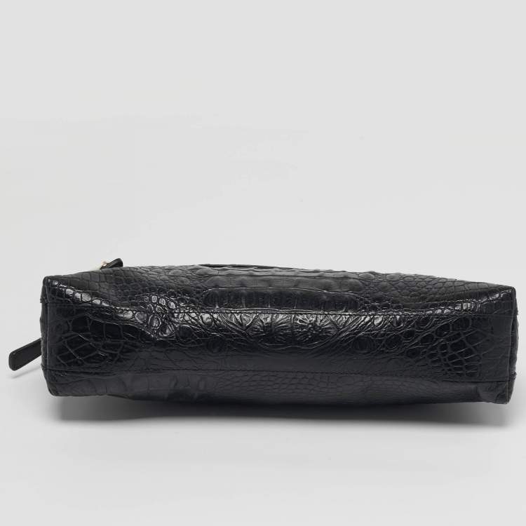 Pre Owned Furla Black Croc Embossed Leather Zip Clutch