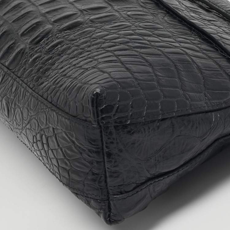 Pre Owned Furla Black Croc Embossed Leather Zip Clutch