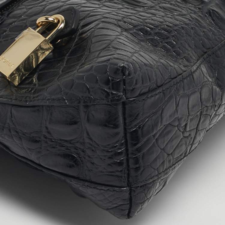 Pre Owned Furla Black Croc Embossed Leather Zip Clutch